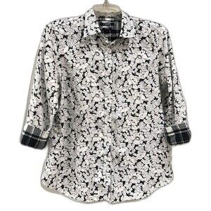 Chaps No Iron Floral Button Up Blouse 100% Cotton Size Large 3/4 Sleeves